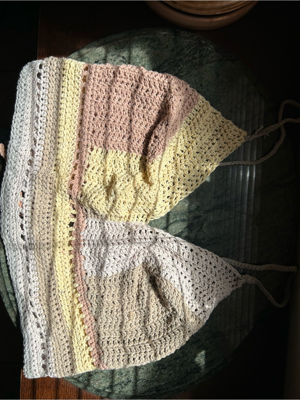 Hand-Crocheted Striped Bralette — Pastel Pink, Yellow & Cream